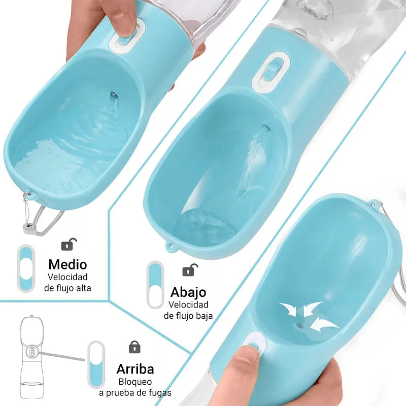 Botella 2 en 1 Bebedero Comedero Portátil para Mascotas Celeste