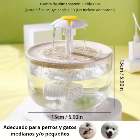 Fuente de agua silenciosa para mascotas con diseño de flor